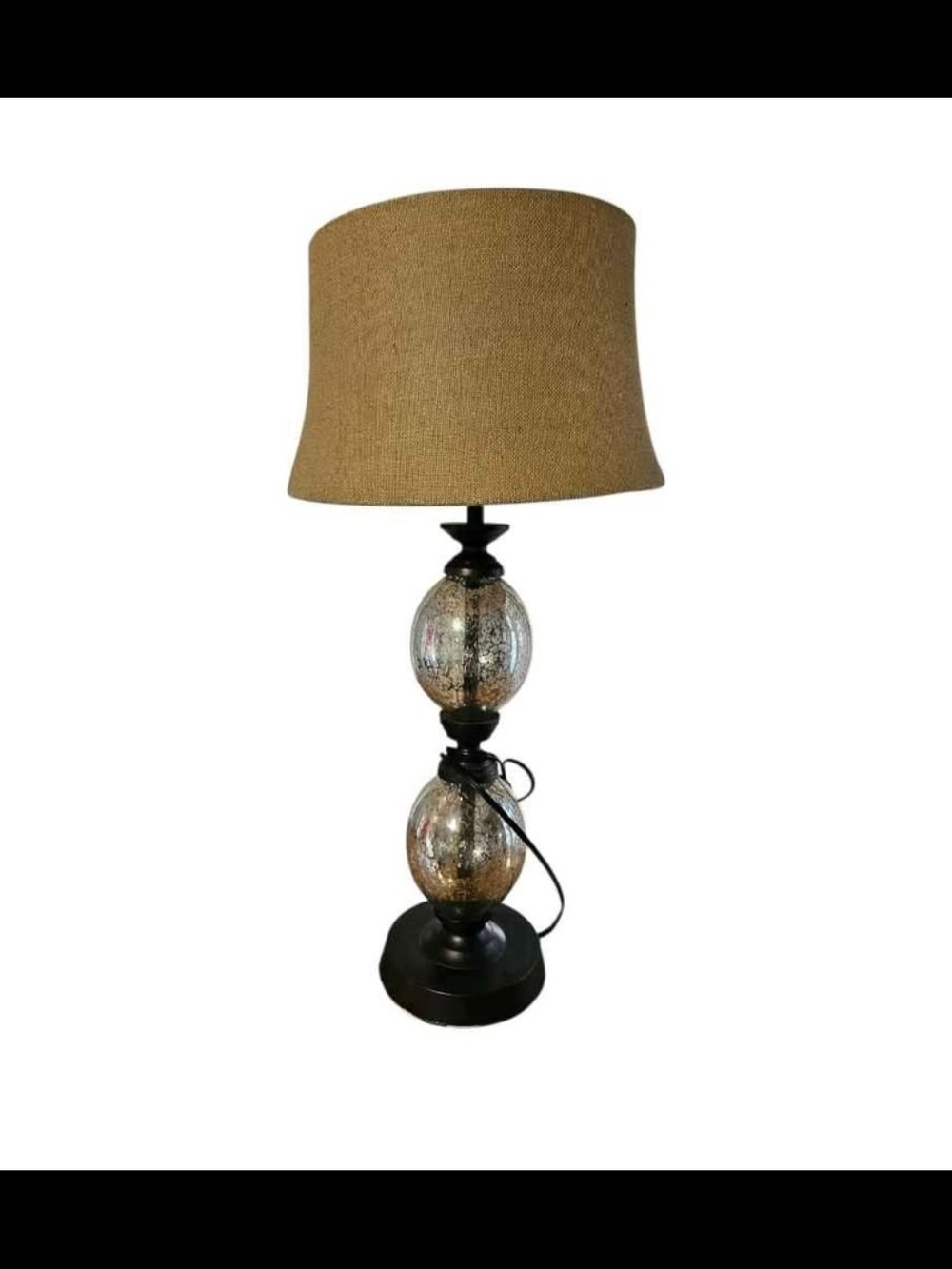 Stacked Mercury Crackle Glass Orb Table Lamp Farmhouse Burlap Shade Pottery Barn